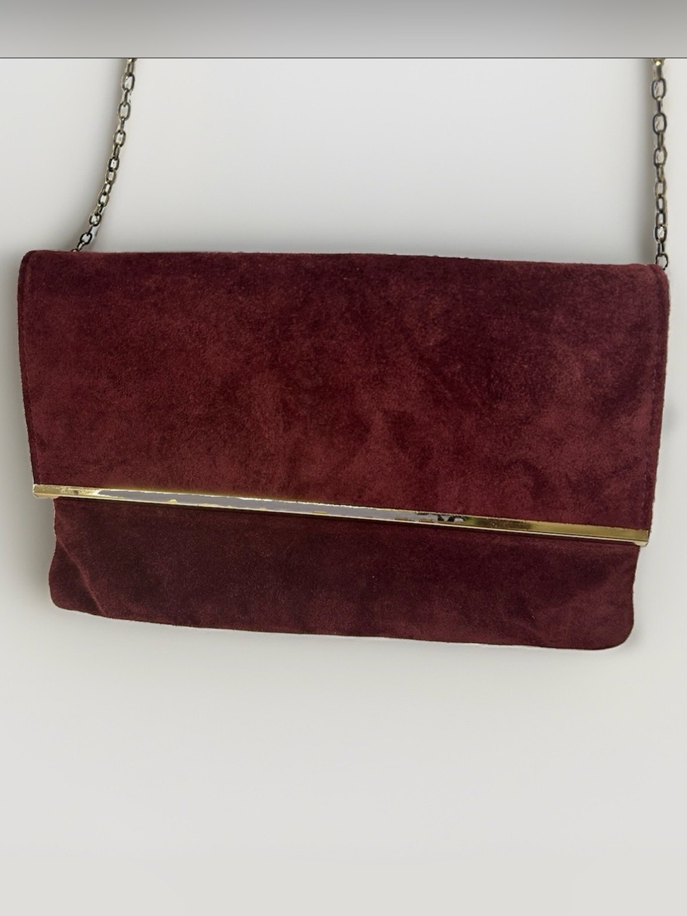 Vintage Burgundy Genuine Soft Suede Envelope Clutch Gold Bar Accent Crossbody